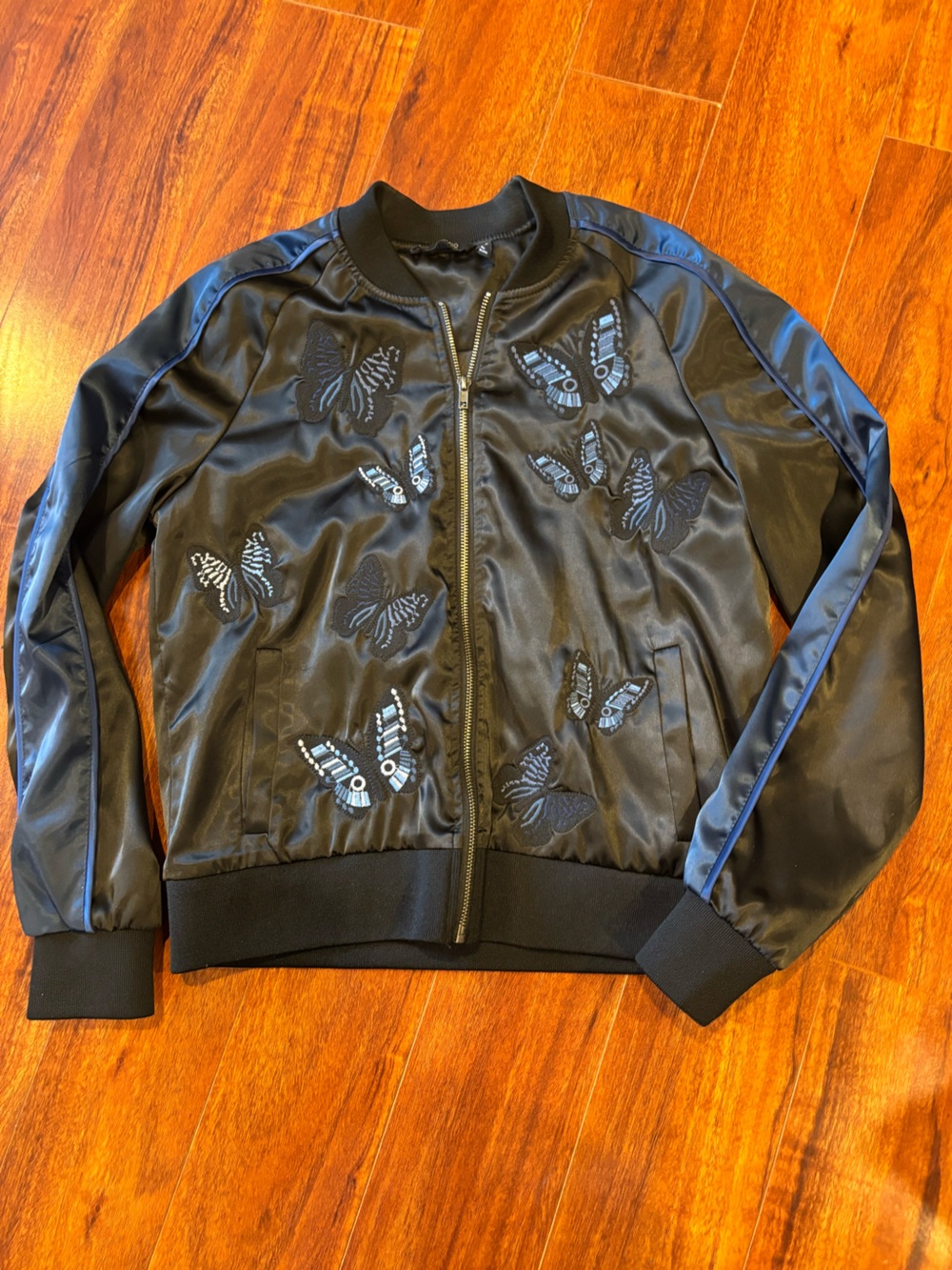 Buffalo David Bitton Black Bomber Jacket with Blue Butterfly Embroidery